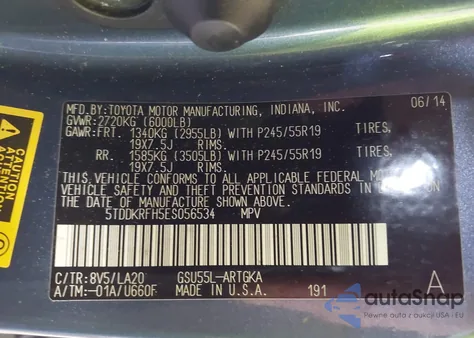 2014 Toyota Highlander Limited Platinum V6 z USA, uszkodzony, nr VIN 5TDDKRFH5ES056534